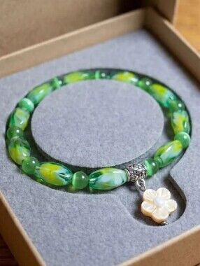 NWT Artsy Artisan Blown Glass Beads with Ceramic Flower Stretch Bracelet